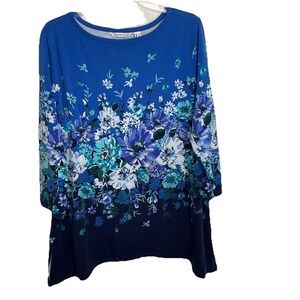 Isaac Mizarahi Live‎ Sz Large Blue Floral Tunic Blouse Cotton Poly Stretch Top